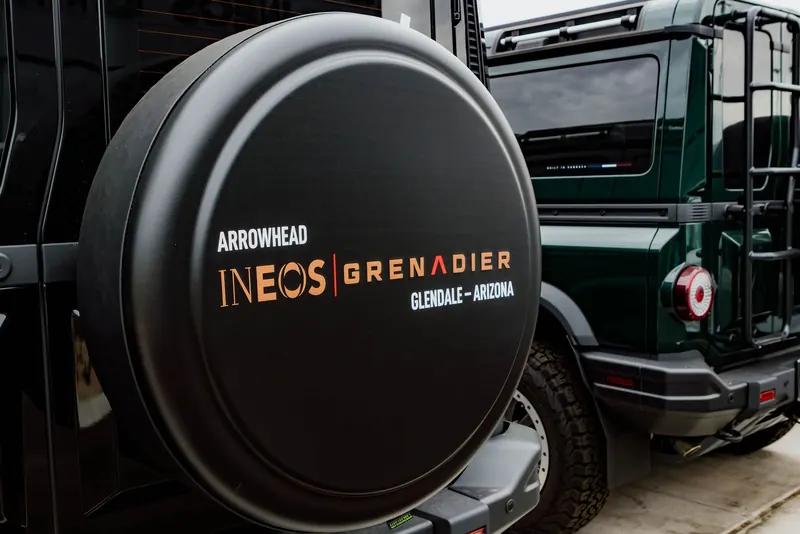 Close up of the branded spare tire cover on a Grenadier