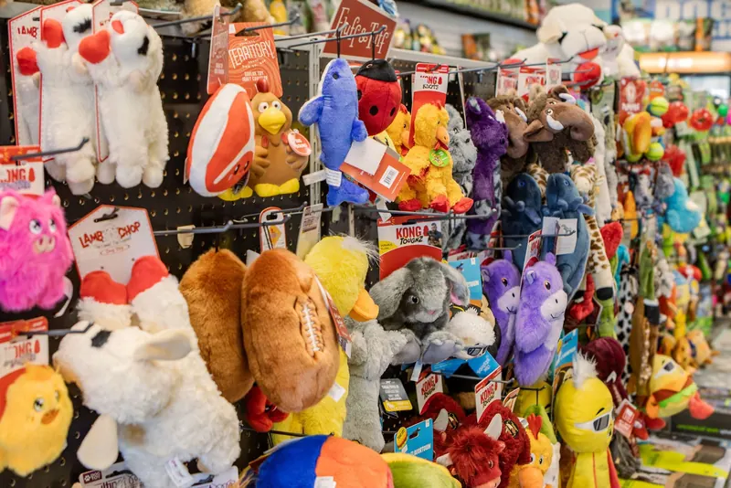 A wall of colorful plush dog toys at a pet store