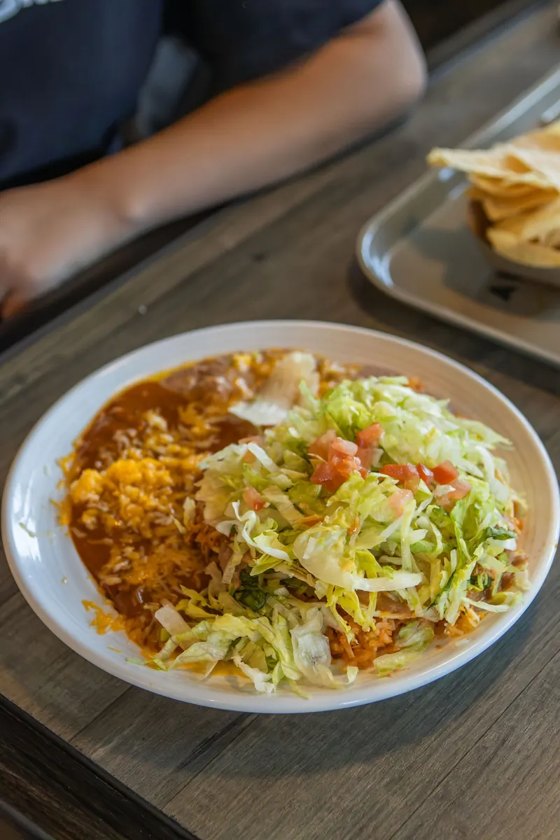 A plate of Mexican food on a tray seen from above